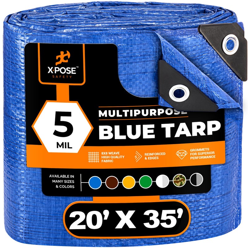 xpose safety غطاء بولي أزرق أفضل 20' × 35' - غطاء واقي متعدد الاستخدامات - خفيف الوزن، متين، مقاوم للماء، مقاوم للعوامل الجوية - بسماكة 5 مل من البولي إيثيلين - بواسطة إكسبوز سيفتي - Image 1